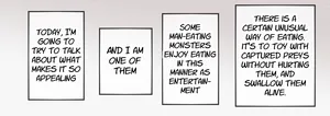 [imaat] A giant fox girl swallows humans whole while reviewing food in a vore manga [English/Japanese]